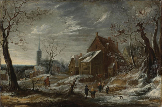 Winter Landscape with Figures and a Town in the Distance, vintage artwork by Jan Abrahamsz Beerstraten, 12x8" (A4) Poster