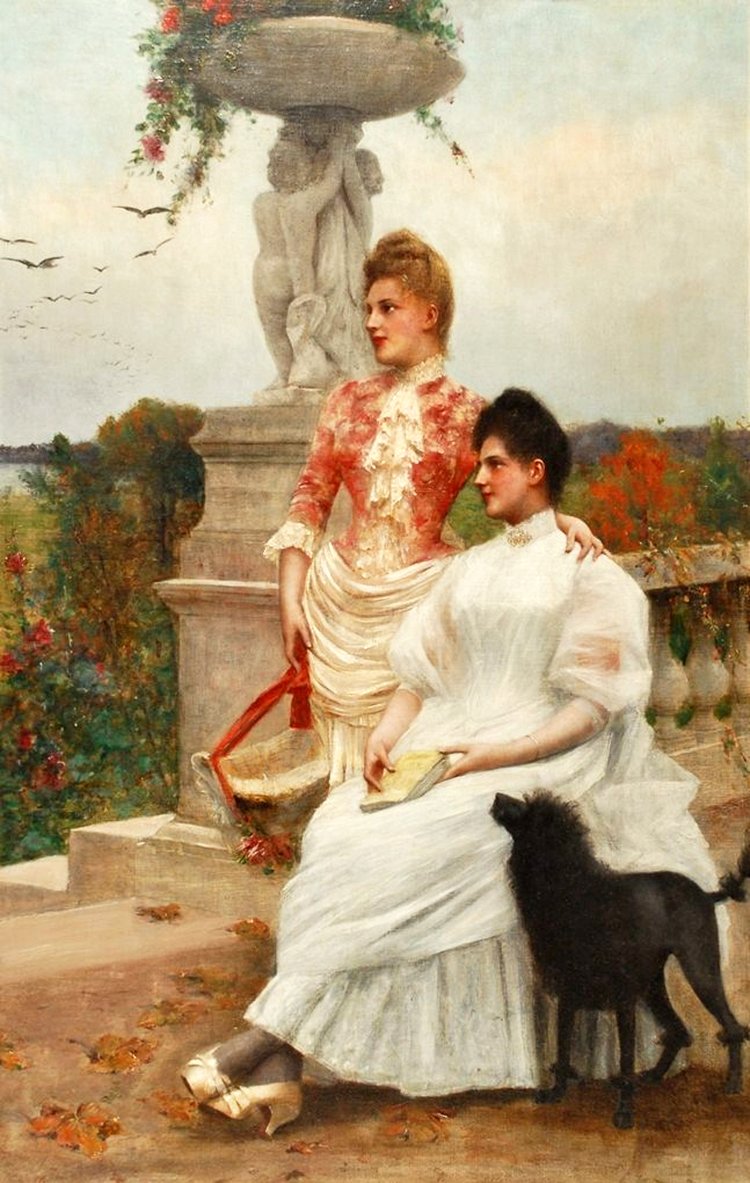 Elegant Company Admiring a Country Garden, vintage artwork by Georges van den Bos, 12x8" (A4) Poster