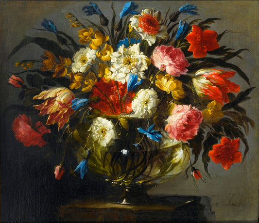 Still Life with Roses, Tiger Tulips, White and Blue Aquilegia, Peonies and Delphinium, etc., vintage artwork by Juan de Arellano, 12x8" (A4) Poster
