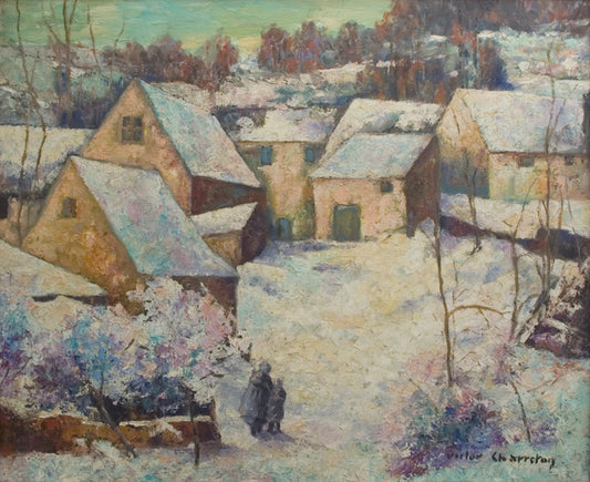 Village snow scene, vintage artwork by Victor Charreton, 12x8" (A4) Poster