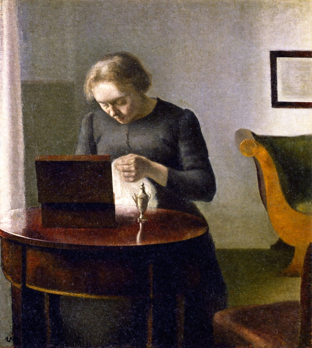 Interior with a Woman at a Sewing Table, vintage artwork by Vilhelm Hammershøi, 12x8" (A4) Poster