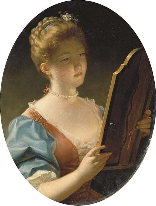 Portrait of a Lady Looking into a Dressing-Table Mirror, vintage artwork by Jean Raoux, 12x8" (A4) Poster