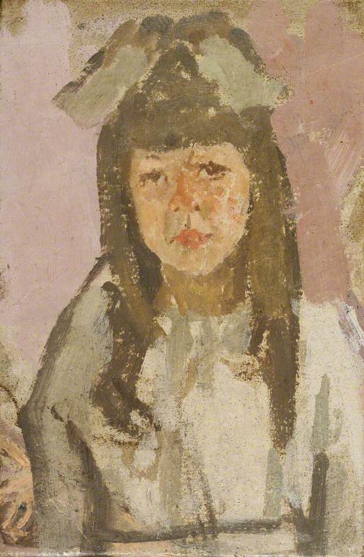 Bust of a Girl with a Bow Before a Pink Background, vintage artwork by Gwen John, 12x8" (A4) Poster