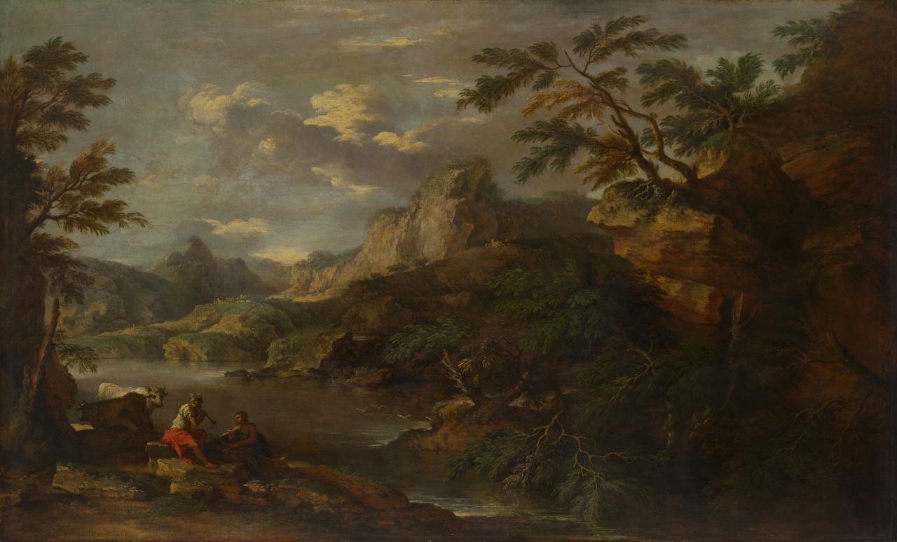 Romantic Landscape with Mercury and Argus, vintage artwork by Salvator Rosa, 12x8" (A4) Poster