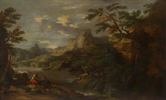 Romantic Landscape with Mercury and Argus, vintage artwork by Salvator Rosa, 12x8" (A4) Poster