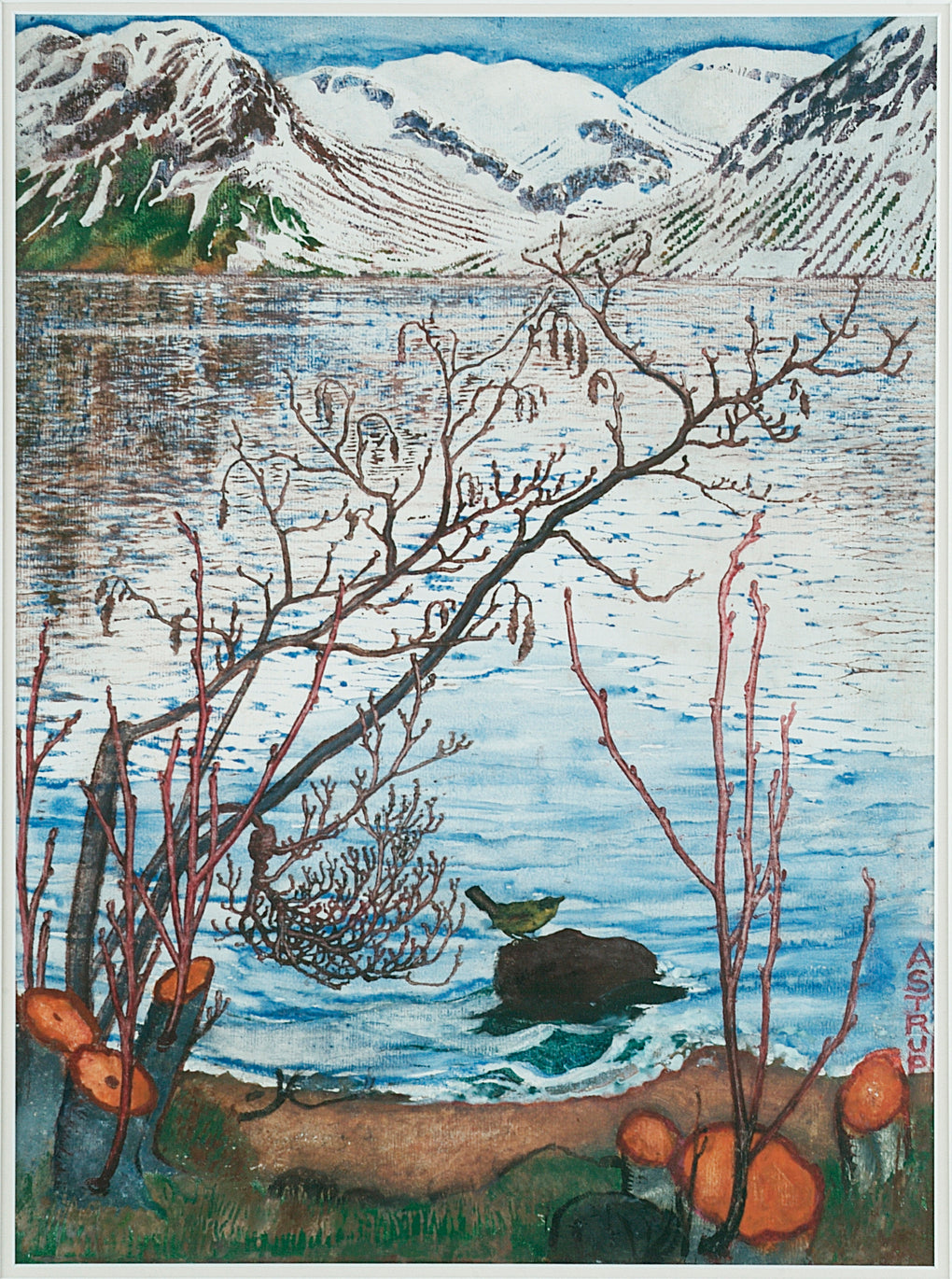 Bird on a Stone (woodcut) by Nicolai Astrup,16x12(A3) Poster