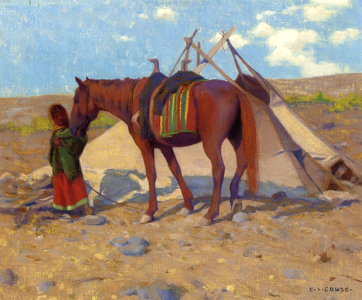 Umatilla Wickiup with Waiting Pony, vintage artwork by Eanger Irving Couse, 12x8" (A4) Poster