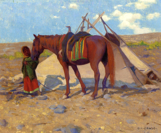 Umatilla Wickiup with Waiting Pony, vintage artwork by Eanger Irving Couse, 12x8" (A4) Poster
