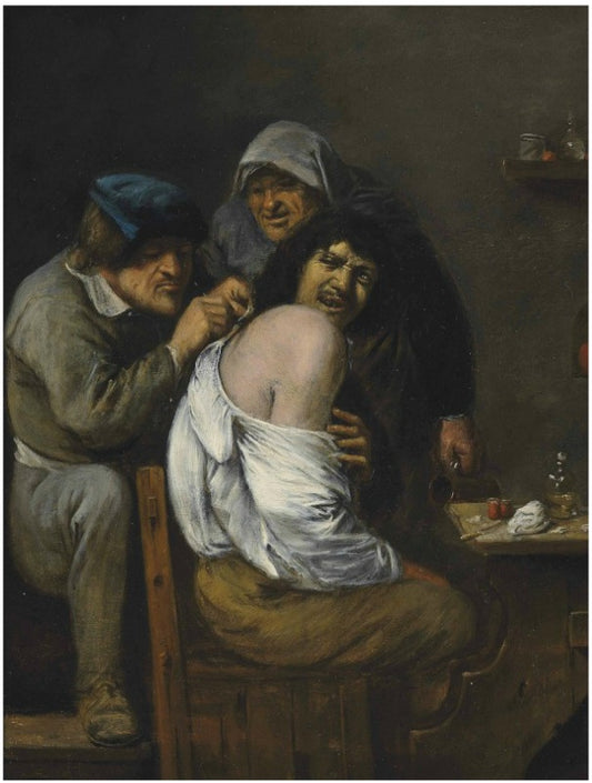 An interior with a doctor treating a patient, vintage artwork by Joos van Craesbeeck, 12x8" (A4) Poster