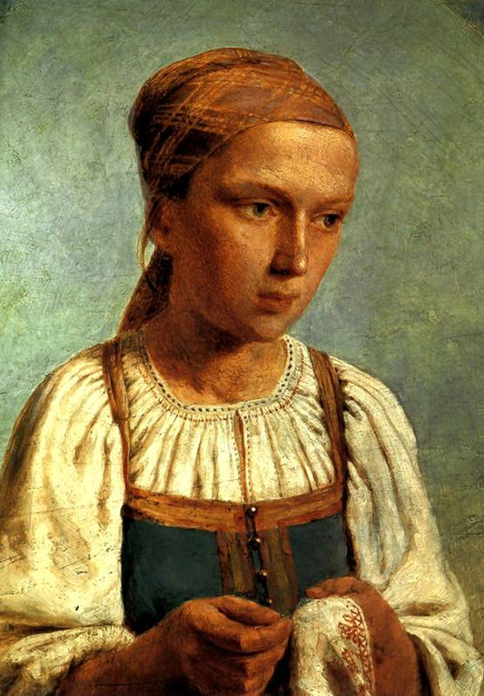 Peasant Girl Embroidering, vintage artwork by Alexei Venetsianov, 12x8" (A4) Poster