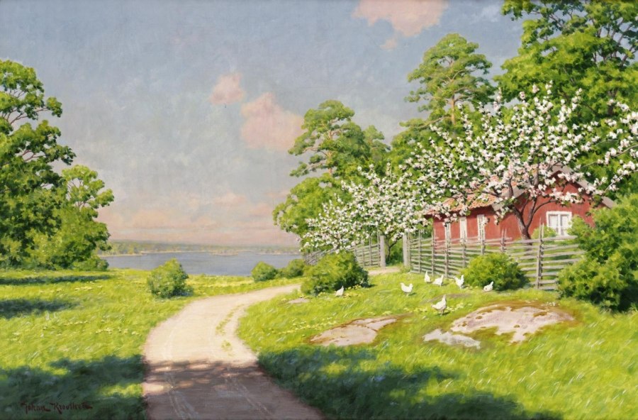 Cottage by the lake with the pecking hens by Johan Krouthen,A3(16x12")Poster
