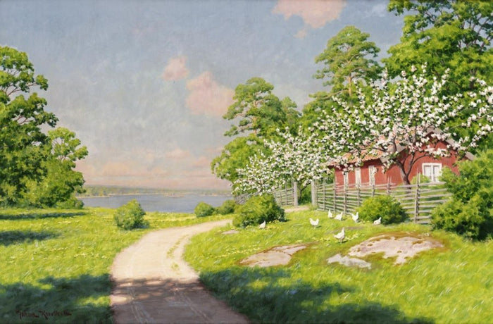 Cottage by the lake with the pecking hens by Johan Krouthen,A3(16x12