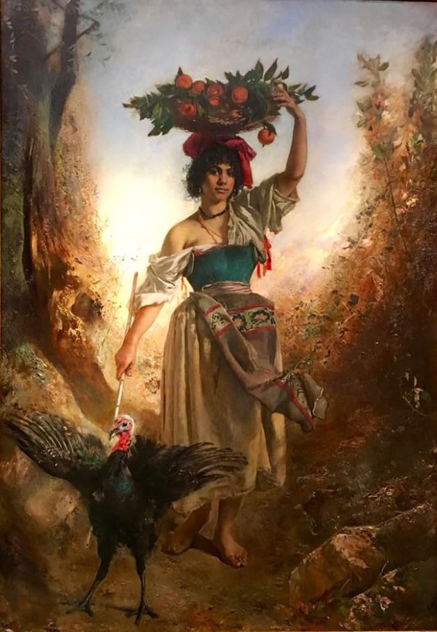 Girl with a Turkey, vintage artwork by Anton Romako, 12x8" (A4) Poster