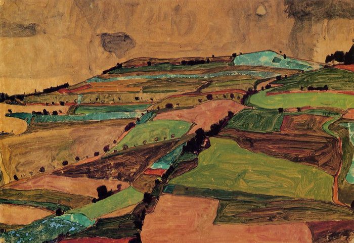 Field Landscape, vintage artwork by Egon Schiele, 12x8