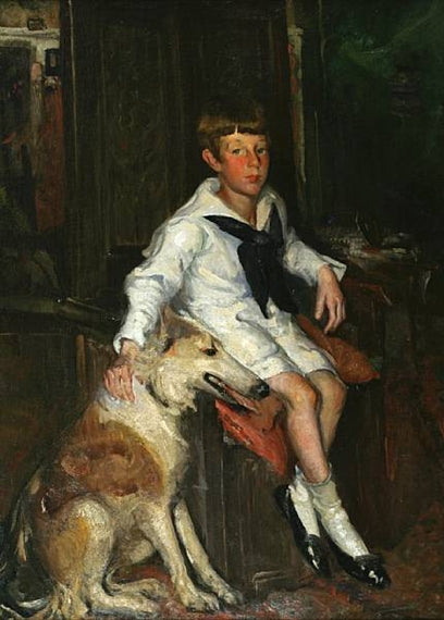 Portrait of a Boy with his Dog, vintage artwork by Frederick William MacMonnies, 12x8" (A4) Poster