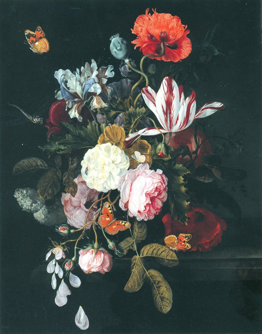Still Life of Flowers in a Vase with four Butterflies, vintage artwork by Cornelis Kick, 12x8" (A4) Poster