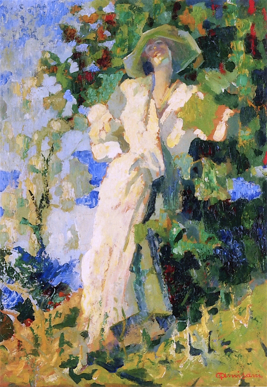 Stylish Lady Sitting in the Sun in front of a Bush, vintage artwork by Giuseppe Amisani, 12x8" (A4) Poster