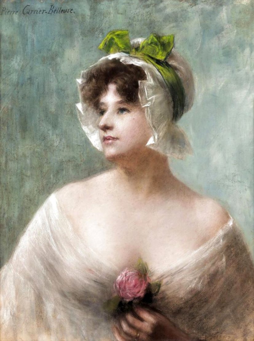 The Green-Ribboned Bonnet by Pierre Carrier-Belleuse,A3(16x12")Poster