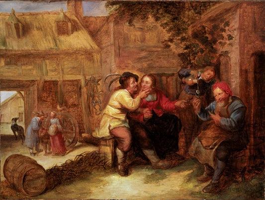 Peasants drinking outside a tavern, vintage artwork by Joos van Craesbeeck, 12x8" (A4) Poster