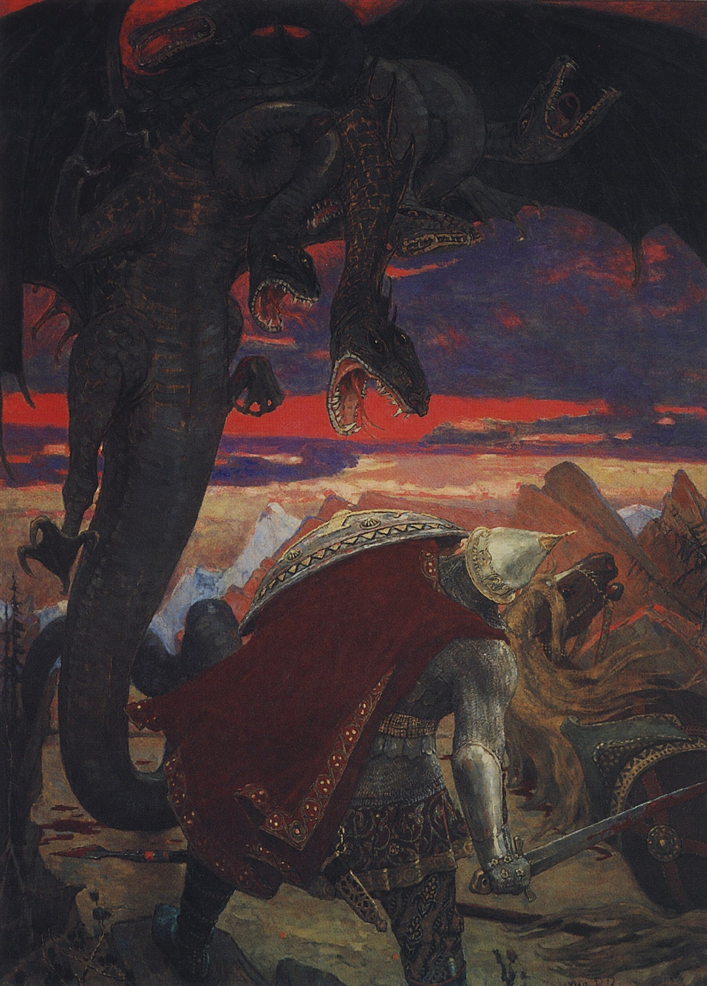Dobrynya Nikitich Fighting the Seven-Headed Dragon, vintage artwork by Viktor Mikhaylovich Vasnetsov, 12x8" (A4) Poster