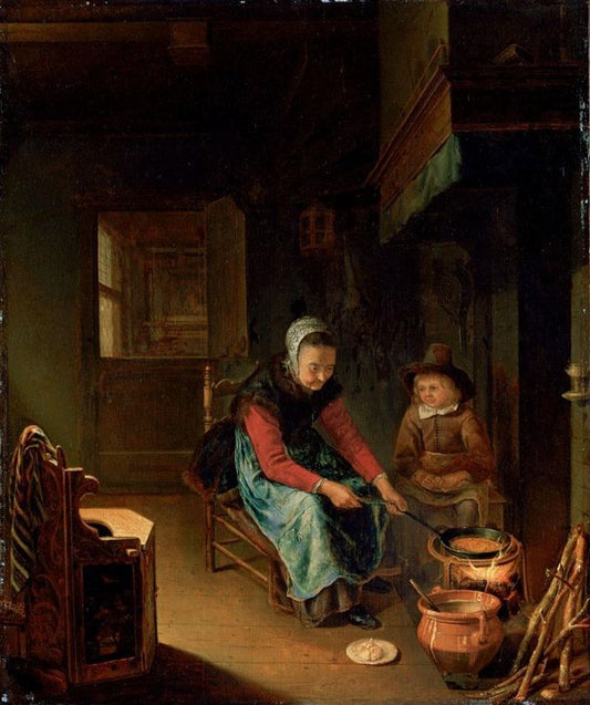 An Interior With A Woman Cooking Pancakes With A Young Boy Before A Hearth, vintage artwork by Pieter Cornelisz van Slingeland, 12x8" (A4) Poster