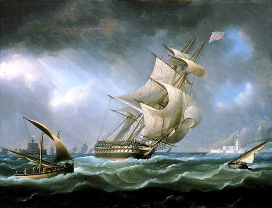 HMS ‘Warrior’ off the Mouth of the River Tagus, vintage artwork by Thomas Buttersworth, 12x8" (A4) Poster