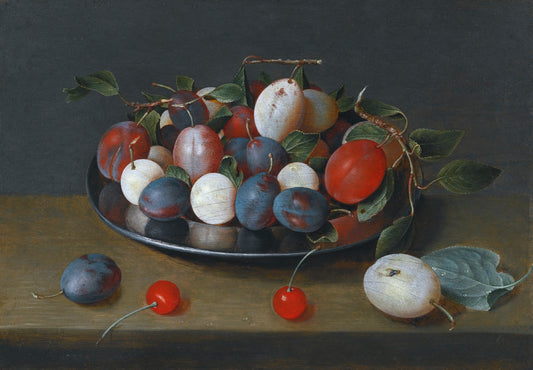 Still Life of Plums on a Plate, vintage artwork by Jacob van Hulsdonck, 12x8" (A4) Poster