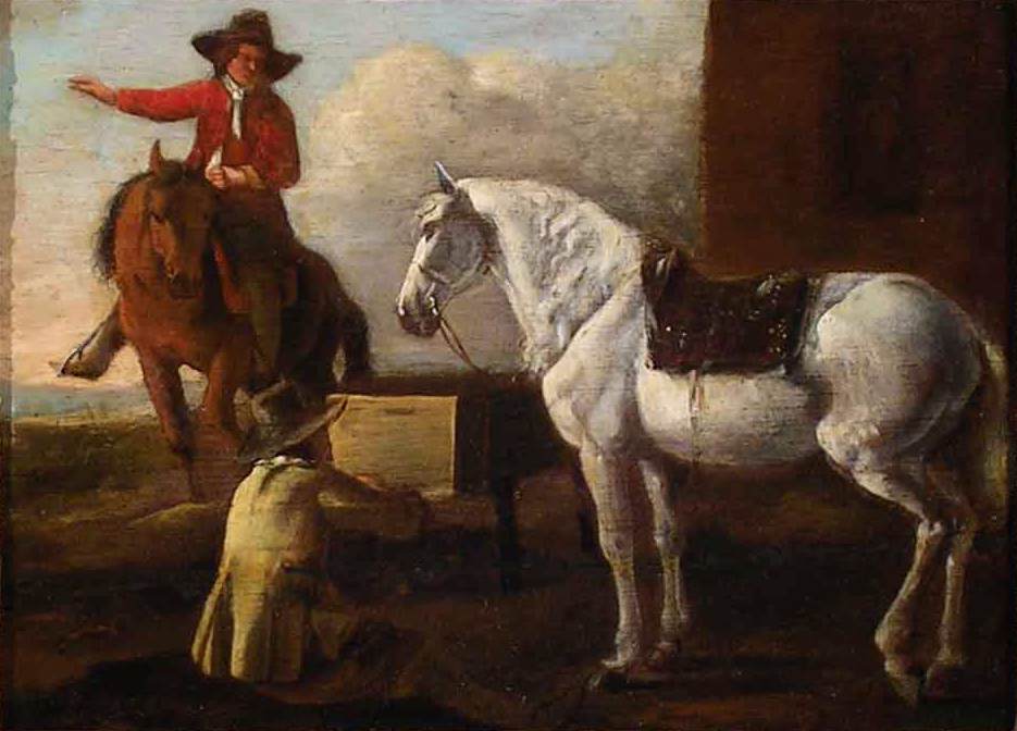 Young Artist Painting a Horse and Rider, vintage artwork by Abraham van Calraet, 12x8" (A4) Poster