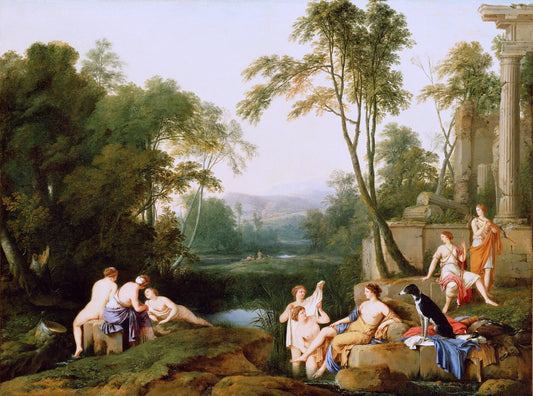 Diana and Her Nymphs in a Landscape, vintage artwork by Laurent de La Hyre, 12x8" (A4) Poster