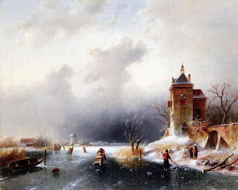 Skaters on a Frozen Waterway, vintage artwork by Charles Henri Joseph Leickert, A3 (16x12") Poster Print