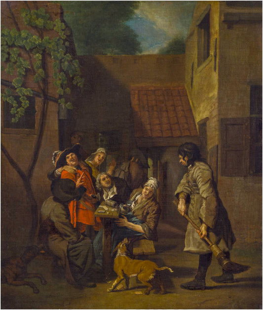 Drinking men in the courtyard of an inn, vintage artwork by Jan Josef Horemans the Elder, 12x8" (A4) Poster