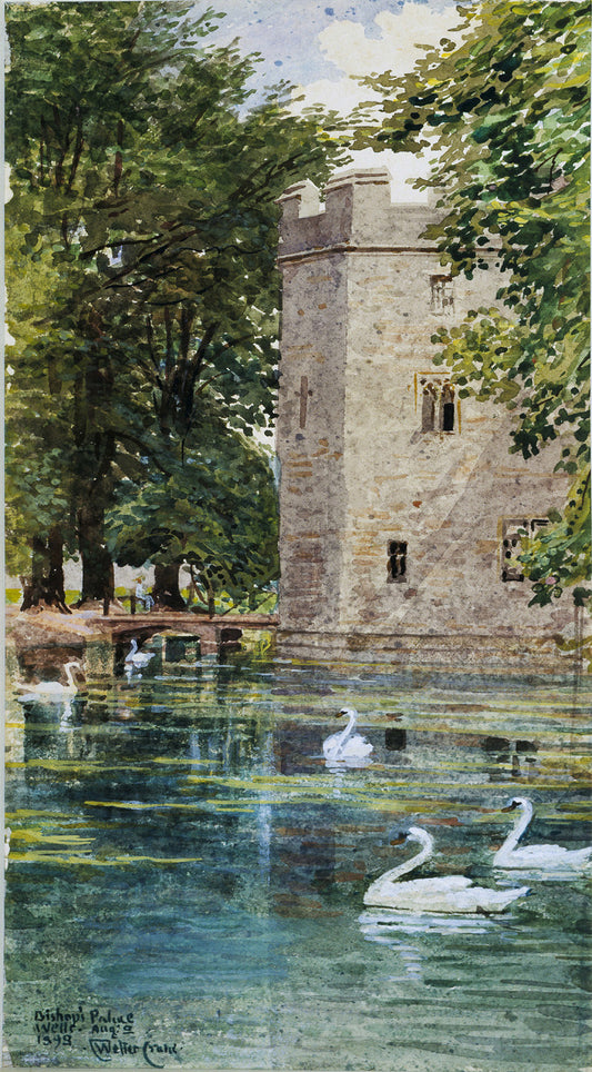 The Moat and Bishop's Palace, Wells Cathedral, vintage artwork by Walter Crane, 12x8" (A4) Poster