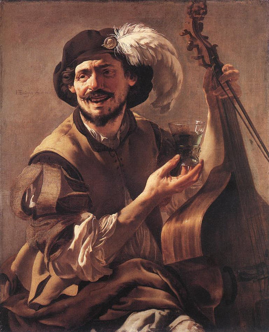 A Laughing Bravo with a Bass Viol and a Glass, vintage artwork by Hendrick Terbrugghen, 12x8" (A4) Poster