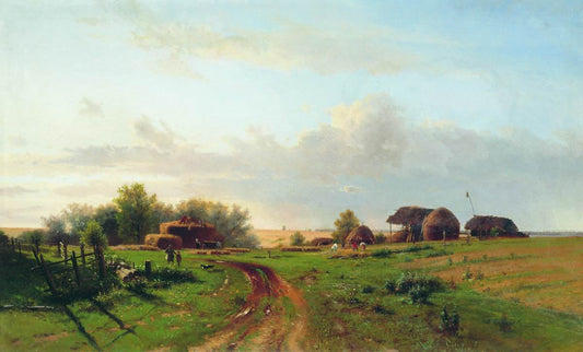 Landscape with Haystacks, vintage artwork by Lev Kamenev, 12x8" (A4) Poster