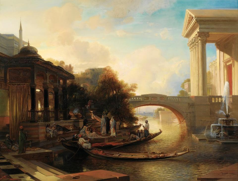 Women Embarking on a Boat near a Kiosque, vintage artwork by Jacob Jacobs, A3 (16x12") Poster Print