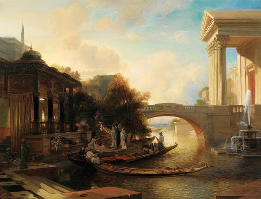 Women Embarking on a Boat near a Kiosque, vintage artwork by Jacob Jacobs, A3 (16x12") Poster Print