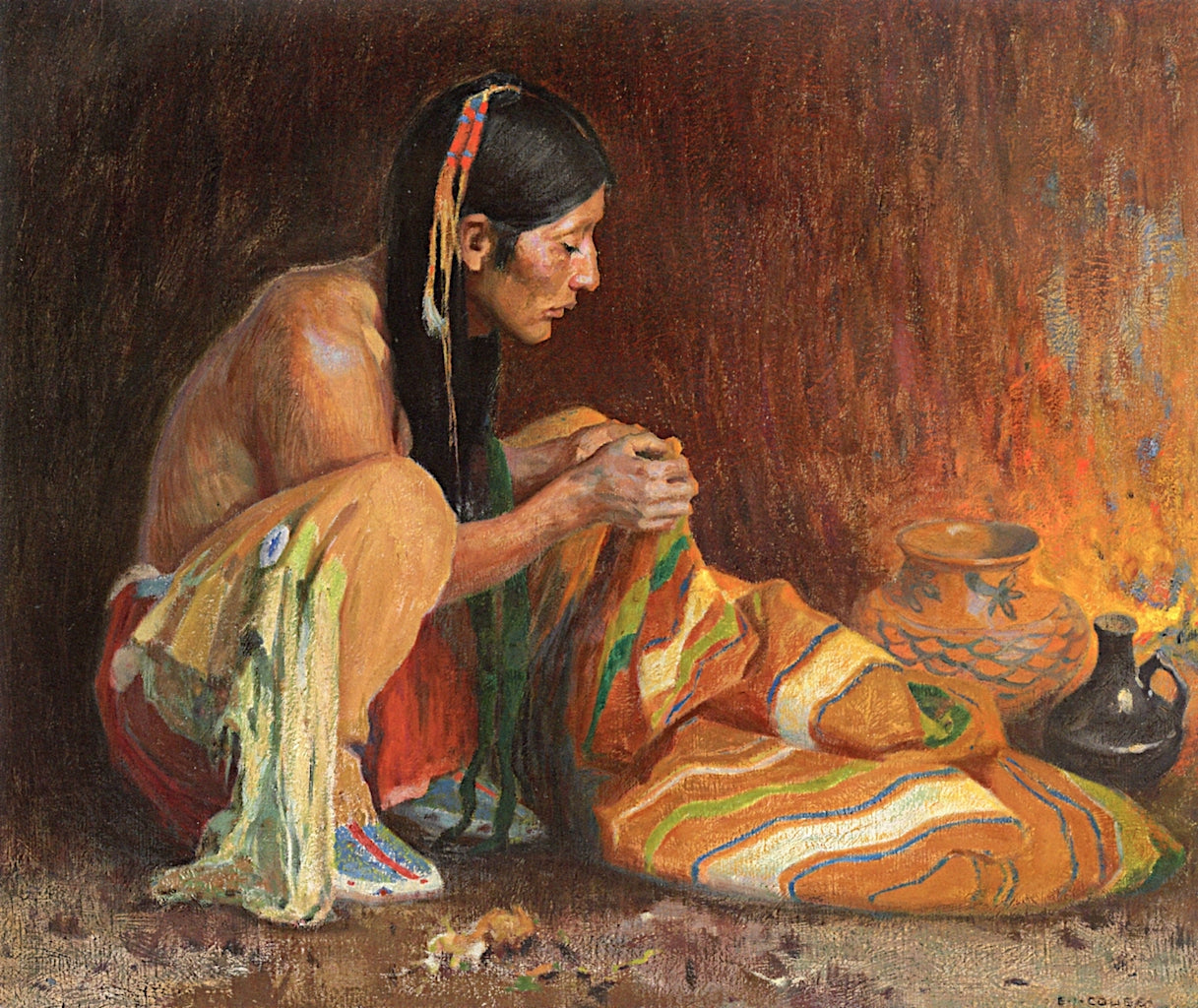 The Chimayo Blanket, vintage artwork by Eanger Irving Couse, 12x8" (A4) Poster