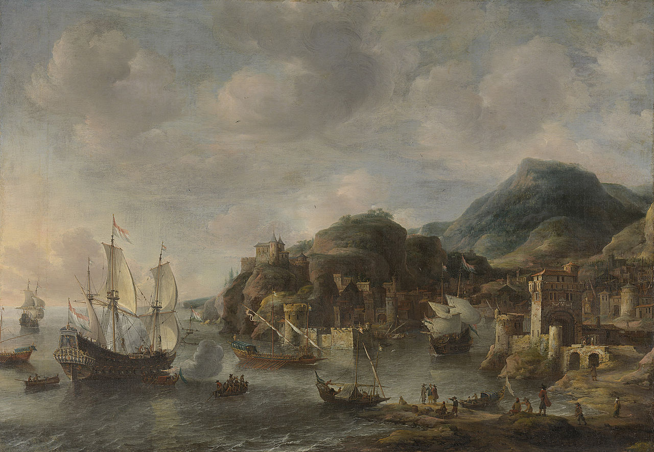 Dutch Ships in a Harbor, vintage artwork by Jan Abrahamsz Beerstraten, 12x8" (A4) Poster
