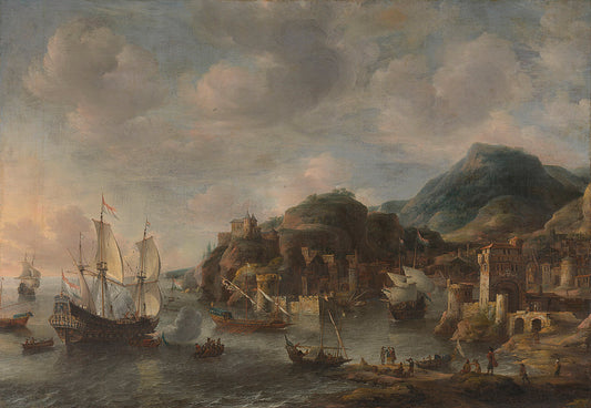 Dutch Ships in a Harbor, vintage artwork by Jan Abrahamsz Beerstraten, 12x8" (A4) Poster