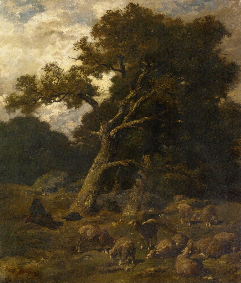 Shepherd and his Sheep in Fontaineblelau Forest, vintage artwork by Charles-Émile Jacque, A3 (16x12") Poster Print
