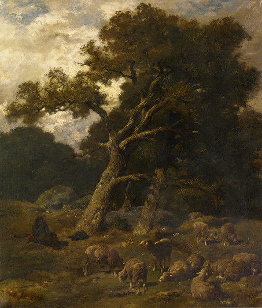 Shepherd and his Sheep in Fontaineblelau Forest, vintage artwork by Charles-Émile Jacque, A3 (16x12") Poster Print