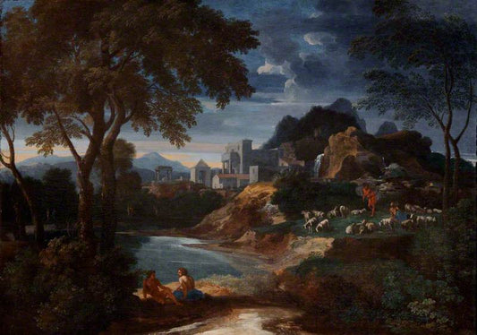 An Italianate River Landscape with a Villa and Shepherds Resting with their Flock by  a Pond, vintage artwork by Gaspard Dughet, 12x8" (A4) Poster