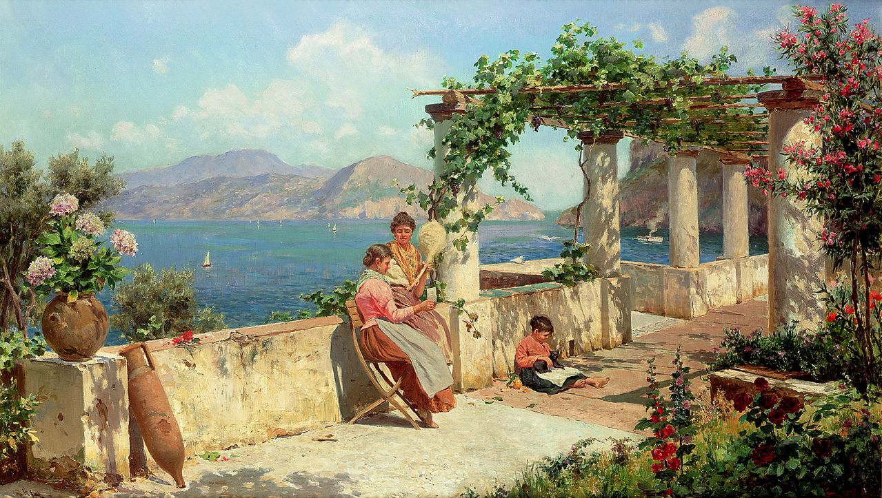 Figures on a Terrace in Capri, vintage artwork by Robert Alott, 12x8" (A4) Poster