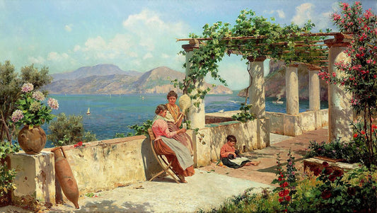 Figures on a Terrace in Capri, vintage artwork by Robert Alott, 12x8" (A4) Poster
