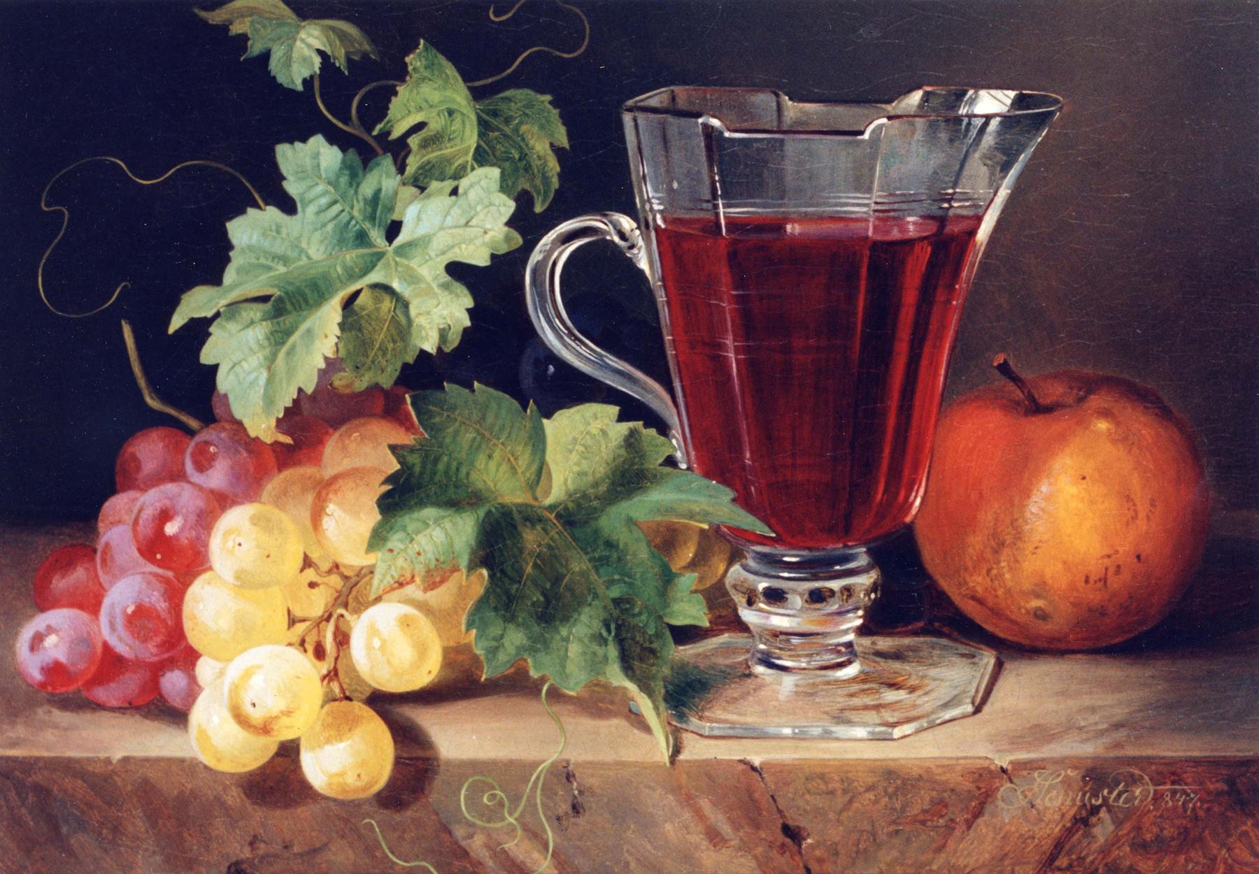 Grapes and a Jug of Wine on a Ledge, vintage artwork by Joseph Schuster, A3 (16x12") Poster Print