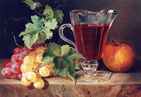 Grapes and a Jug of Wine on a Ledge, vintage artwork by Joseph Schuster, A3 (16x12") Poster Print