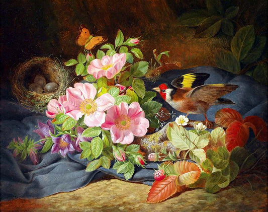 Still life with flowers and bird, vintage artwork by Josef Lauer, A3 (16x12") Poster Print