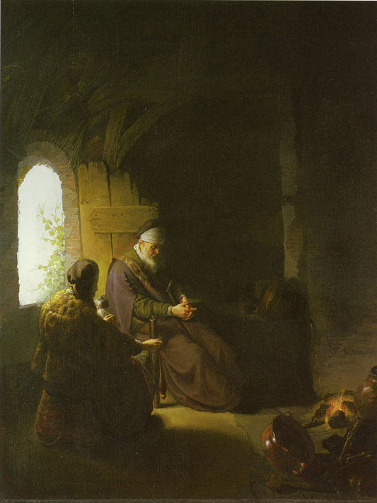 Anna and Tobit, vintage artwork by Attributed to Gerrit Dou, 12x8" (A4) Poster