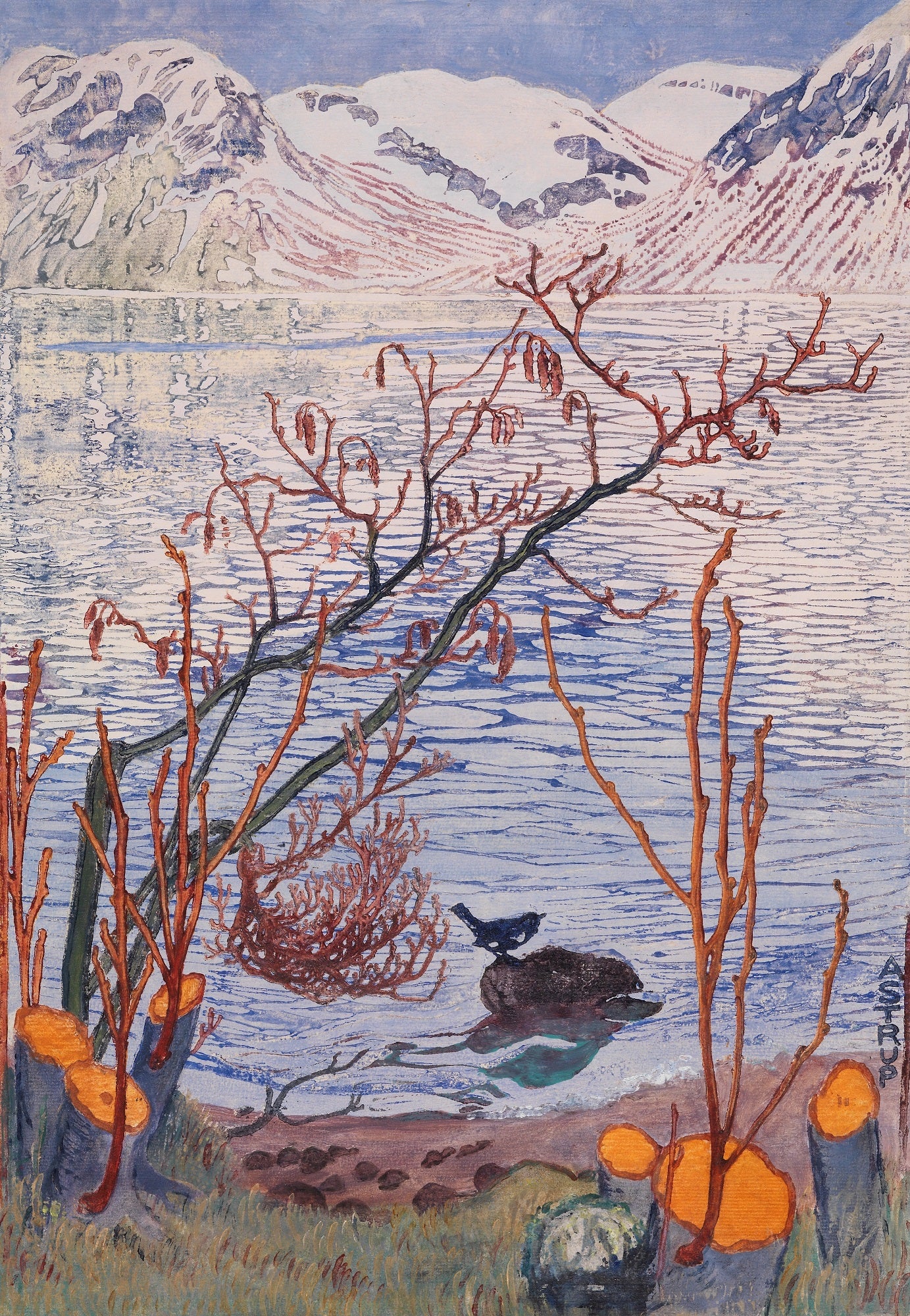 Bird on a Stone (woodcut) by Nicolai Astrup,16x12(A3) Poster