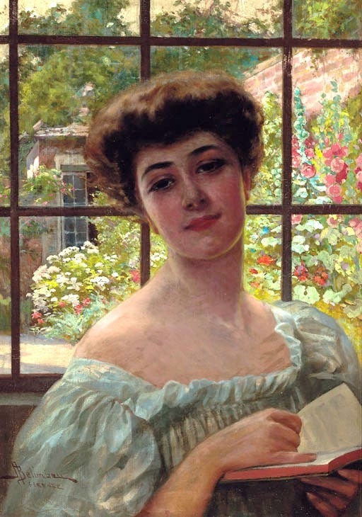 Portrait of a lady in a summer dress holding an open book, a walled summer garden beyond, vintage artwork by Adolfo Belimbau, 12x8" (A4) Poster